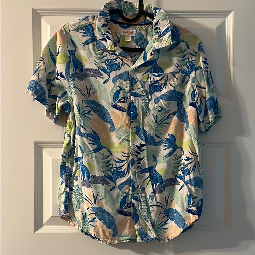 Cat & Jack Tropical Print Button Down Shirt - Blue, Green, Yellow